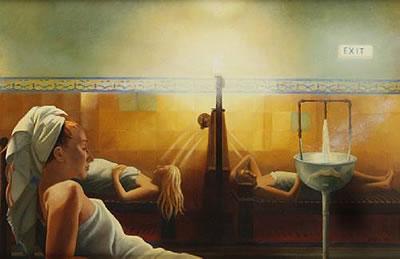 A Lesley Banks painting showing people relaxing on benches in the Turkish Bath